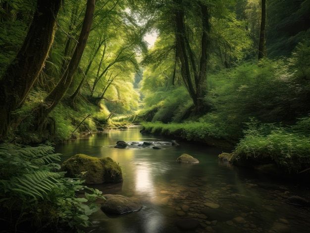 A stream in the forest with a green forest background