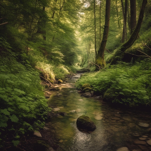 A stream in a forest with green trees and a green forest.