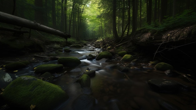 A stream in the forest with the light shining on it.