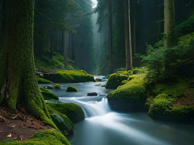 A stream in a forest with mossy rocks and a green tree