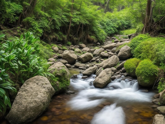 A stream in the forest with rocks and moss on the ground