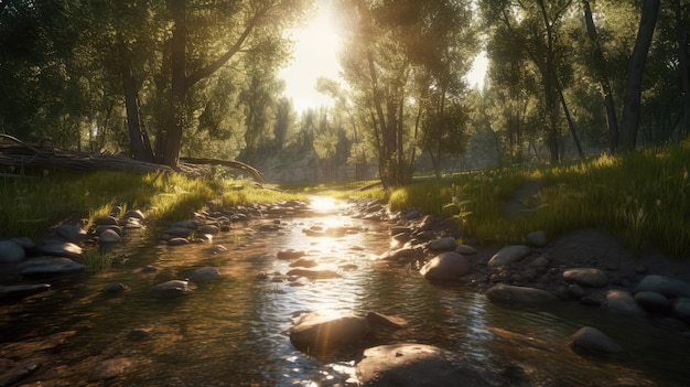 A stream in the forest with the sun shining on it