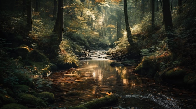 A stream in a forest with the sun shining on it