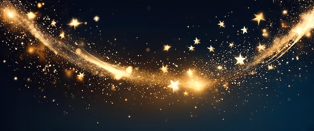 A stream of gold glittering stars is shown in the sky