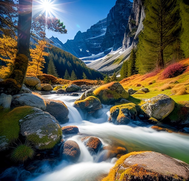 A stream in a mountain valley with the sun shining on it.