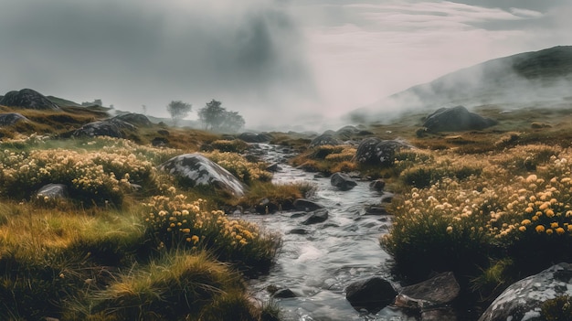 A stream in the mountains with a mountain in the background