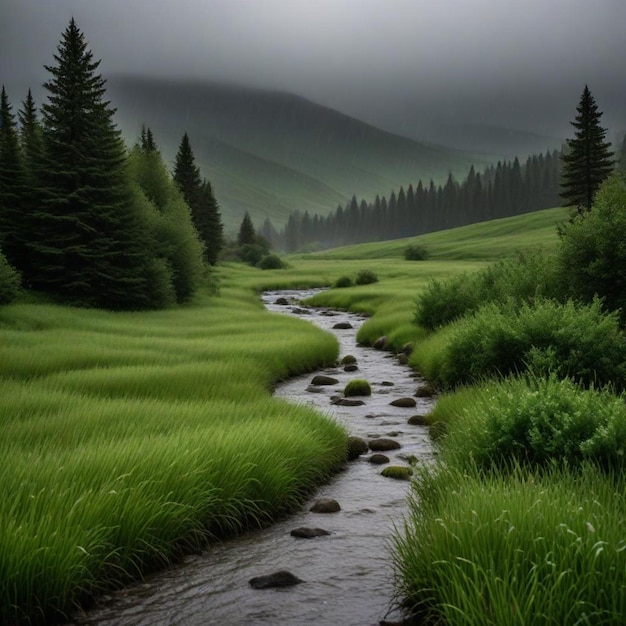 a stream running through a field with a mountain in the background