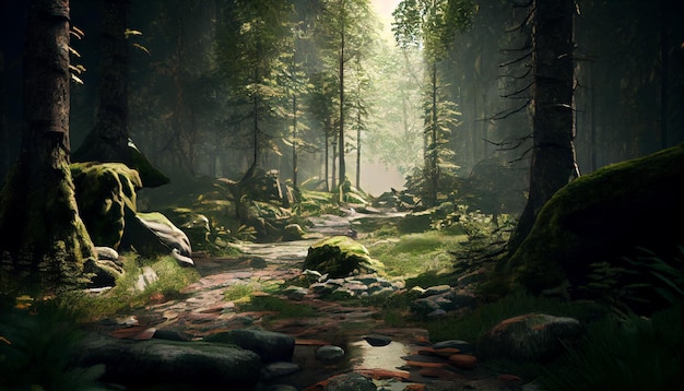 Stream running through a lush green forest generative ai