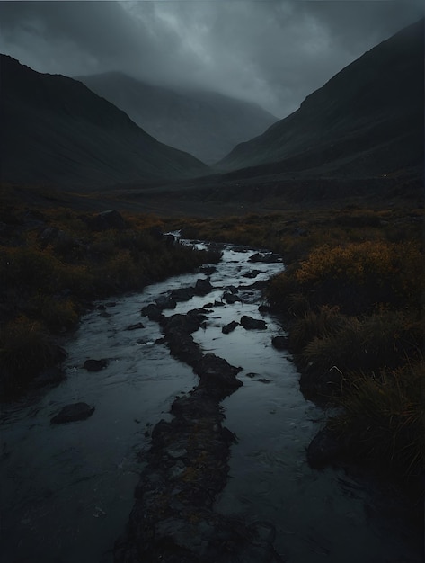 a stream running through a mountain valley with a mountain in the background