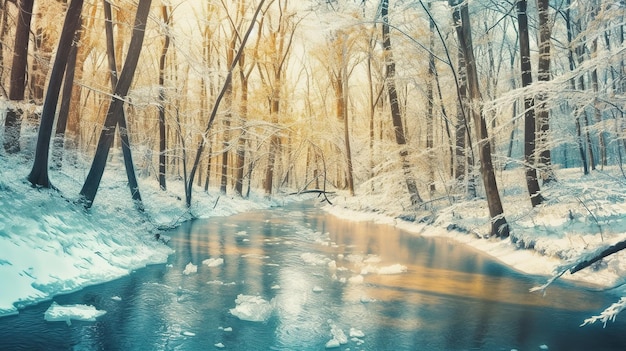 A stream running through a snow covered forest AI generative image