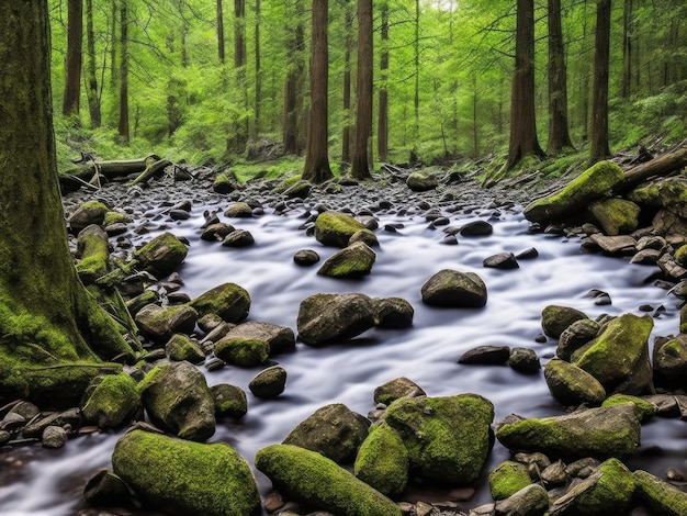 A stream runs through a forest with moss covered rocks and trees.