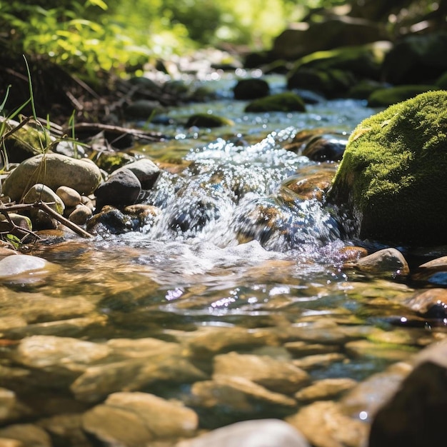 a stream runs through a forest with rocks and boulders.