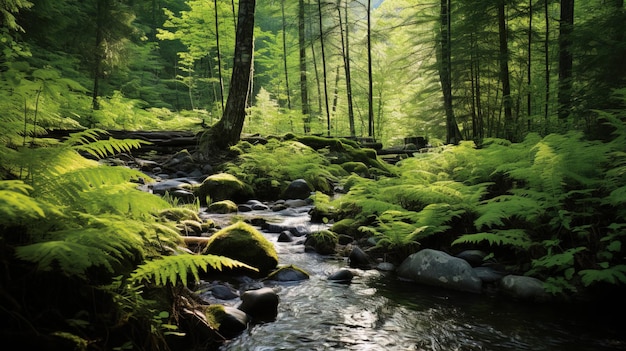 a stream runs through a forest with a stream running through it