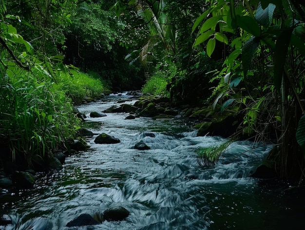 Photo a stream runs through a forest with trees and plants