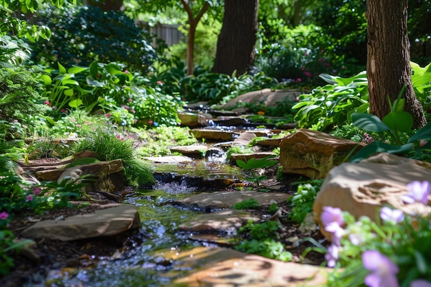 Photo a stream runs through a garden with a stone path in the middle