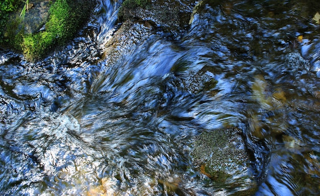 A stream of water flows in a stream, bending around boulders and stones