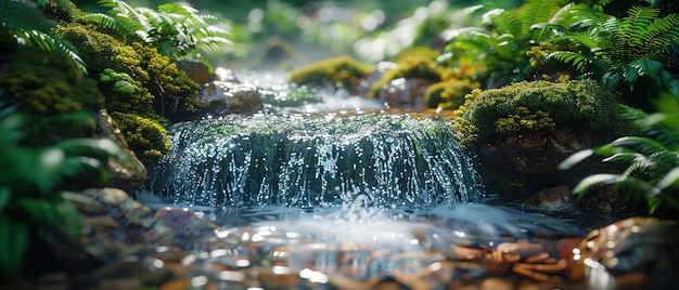 Photo a stream of water flows through a lush green forest concept of tranquility and serenity