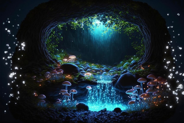 Stream of water running through a forest filled with mushrooms generative ai