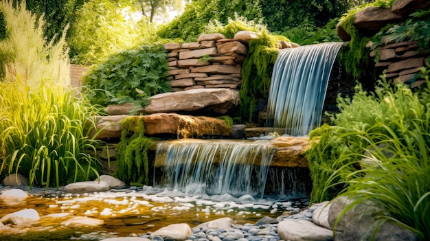 Stream of water running through lush green forest next to stone wall Generative AI