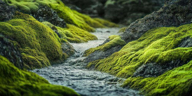 Photo a stream of water runs through a mossy forest