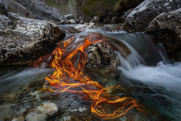 a stream of water with a red flame in it