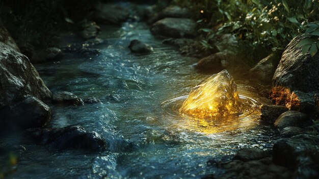 a stream of water with rocks and a fire