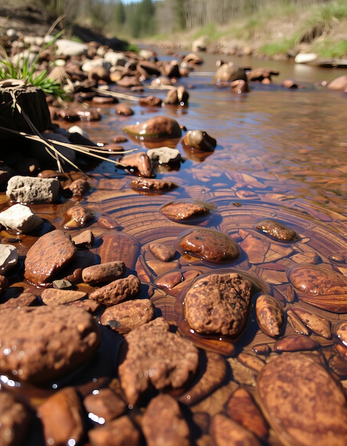 Photo a stream of water with rocks and rocks in it and a stream of water with a tree branch in the middle