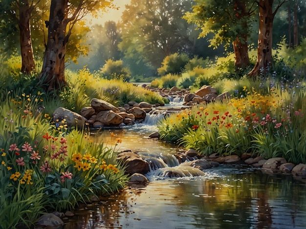 a stream with flowers and a waterfall in the background