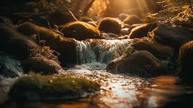 A stream with mossy rocks and a waterfall in the background