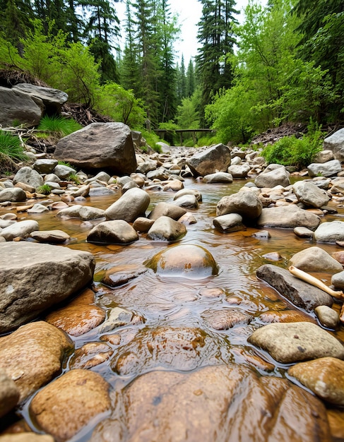 Photo a stream with rocks and trees in the background and a log in the middle