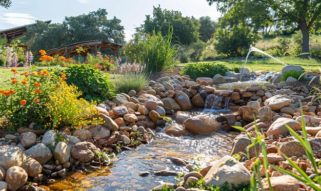 Photo a stream with rocks and a waterfall in the background