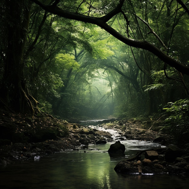 A stream with a stream running through it and a tree branch in the middle.