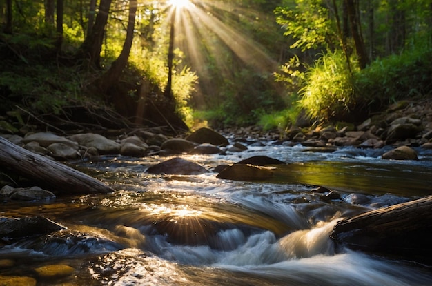 Photo a stream with the sun shining through the trees