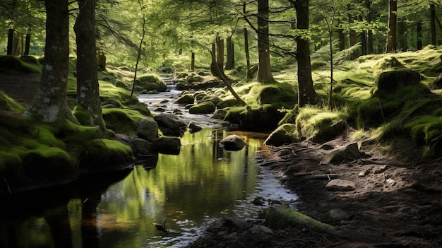 a stream with a tree stump and a creek in the background