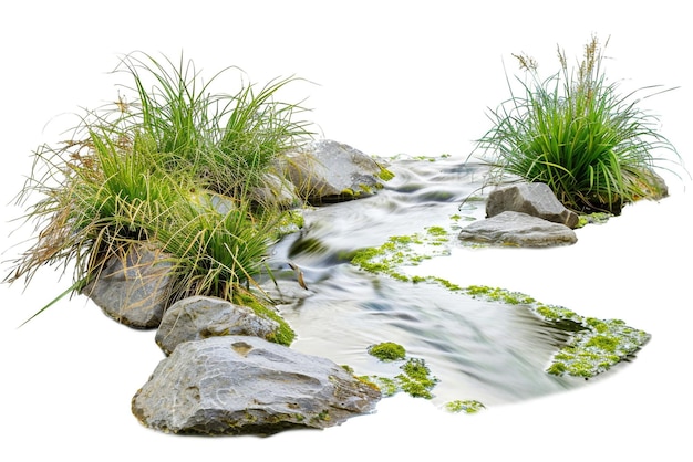 a stream with water flowing over it and a small stream with moss growing on it