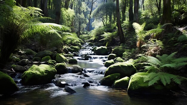 a stream with a waterfall in the background and a waterfall in the middle