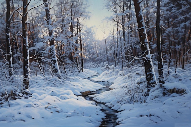 a stream in the woods with snow on the branches