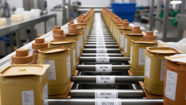 Photo streamlined factory production line with jars and packaging boxes