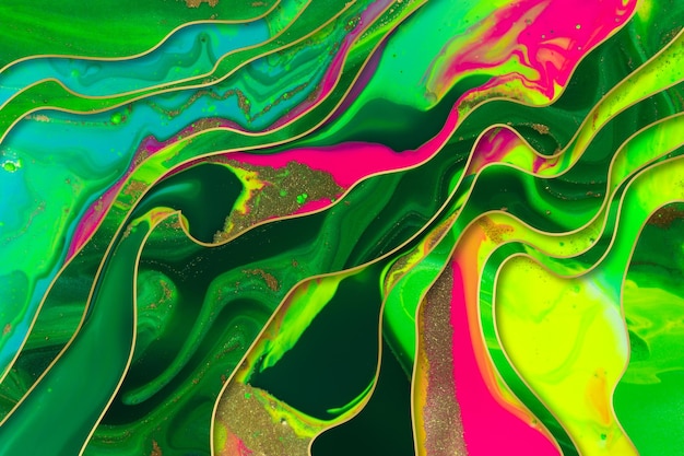 Streams of liquid green pink and gold ink curls waves of fluid paints