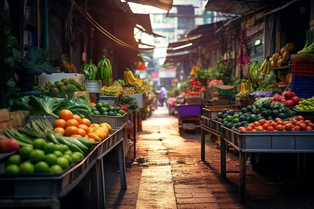 Street actual market with fresh organic fruits and vegetables aesthetic look