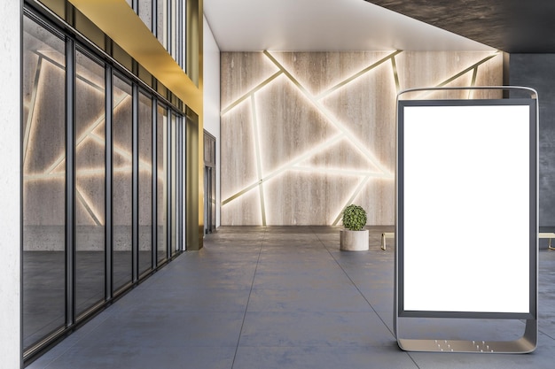 Street advertising concept with blank white billboard before stylish entrance group of modern business center with glowing decoration on wooden wall at night 3D rendering mockup