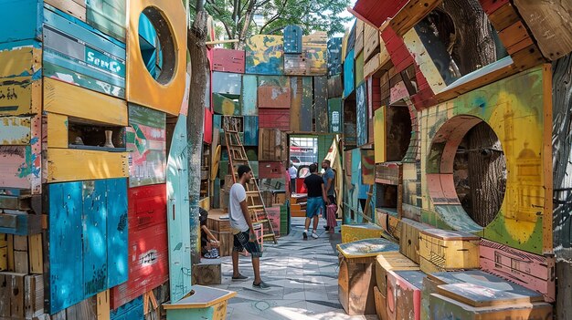 A street art installation made entirely of recycled materials forming a labyrinthine structure that invites viewers to explore and interact with it