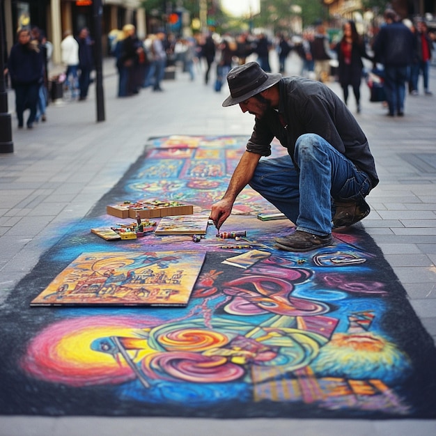 Photo a street artist creating chalk art or graffiti on a city sidewalk