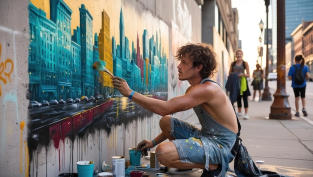 Photo street artist creating urban mural