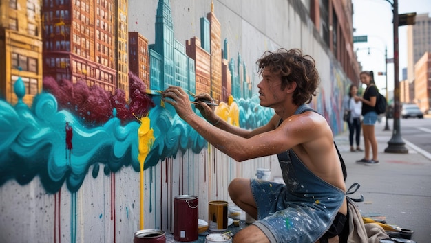 Photo street artist creating urban mural