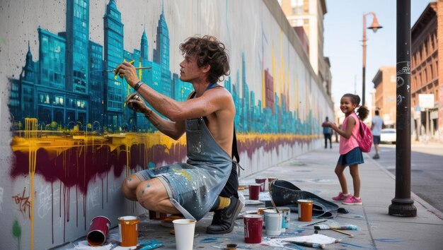 Photo street artist creating urban mural