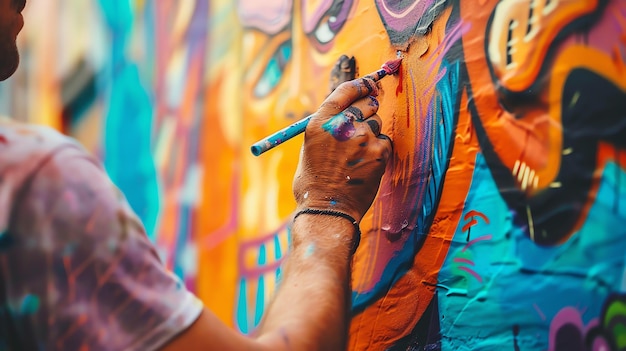 A street artist is painting a mural on a wall The mural is of a colorful and abstract design