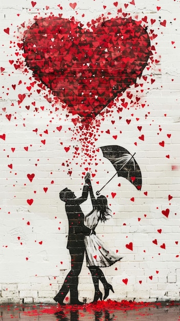 Photo street artist mural painting of a couple dancing under a heart shaped confetti