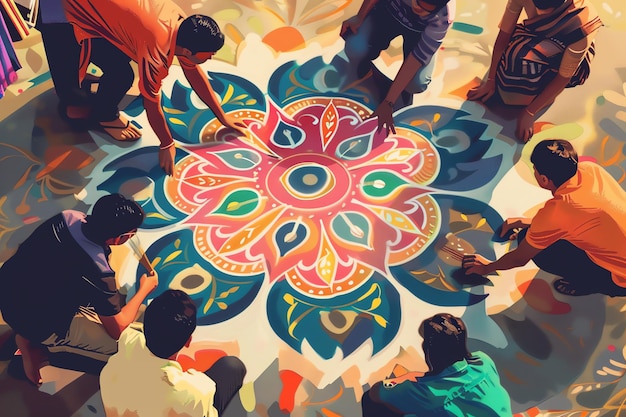 Photo street artists creating intricate rangoli designs background