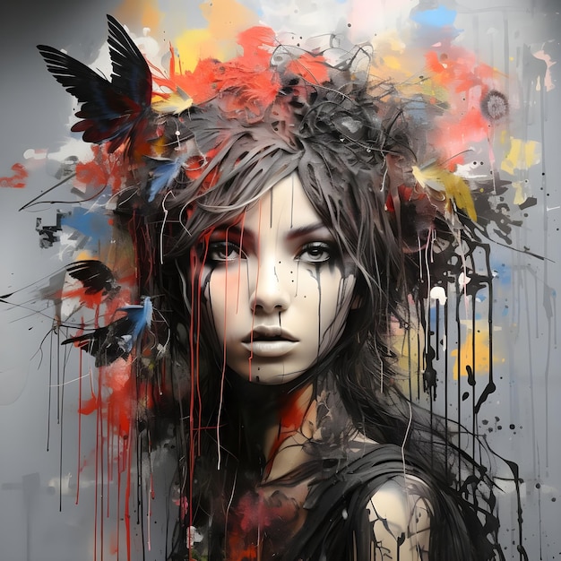 A street artstyle graphic of a fairy with a black and white add splashes of color